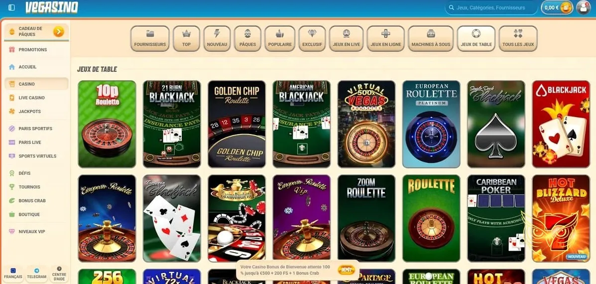 Détails du bonus premier dépôt Vegasino Casino