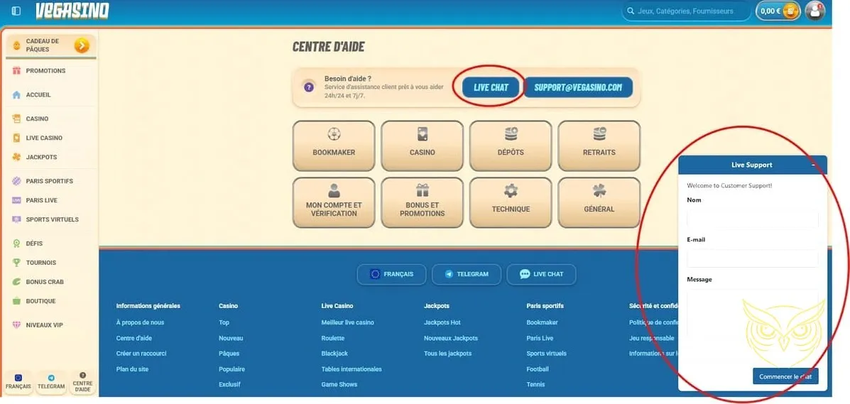 Options de support client Vegasino Casino