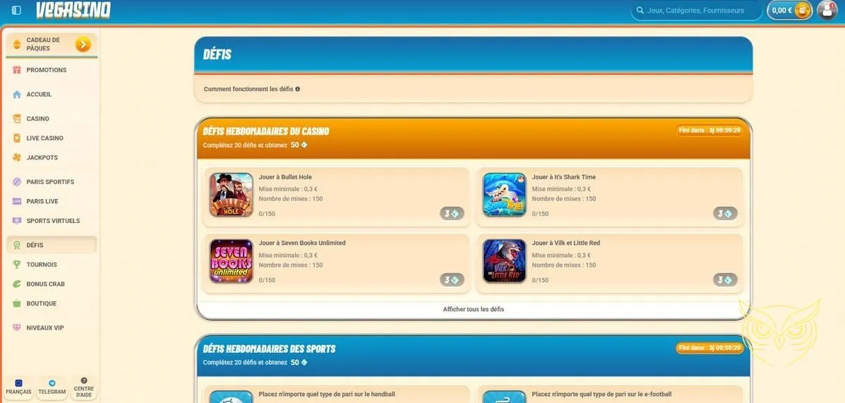 Interface des paris sportifs de Vegasino Casino