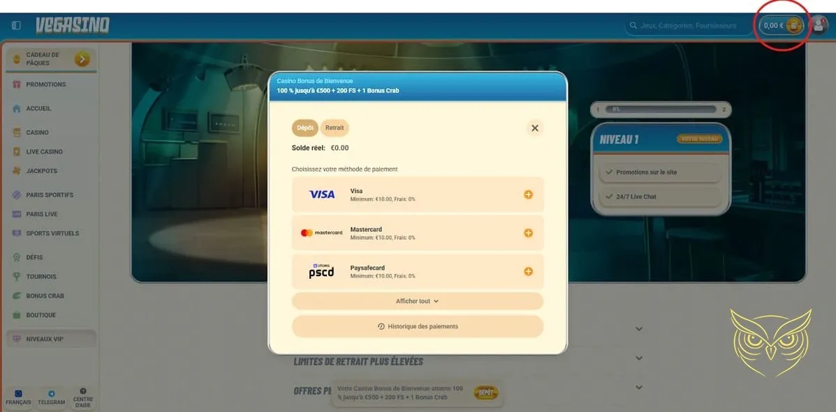 Écran des paris sportifs en direct Vegasino Casino