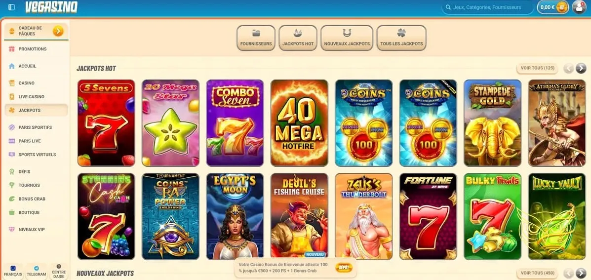 Page du bonus de bienvenue Vegasino Casino