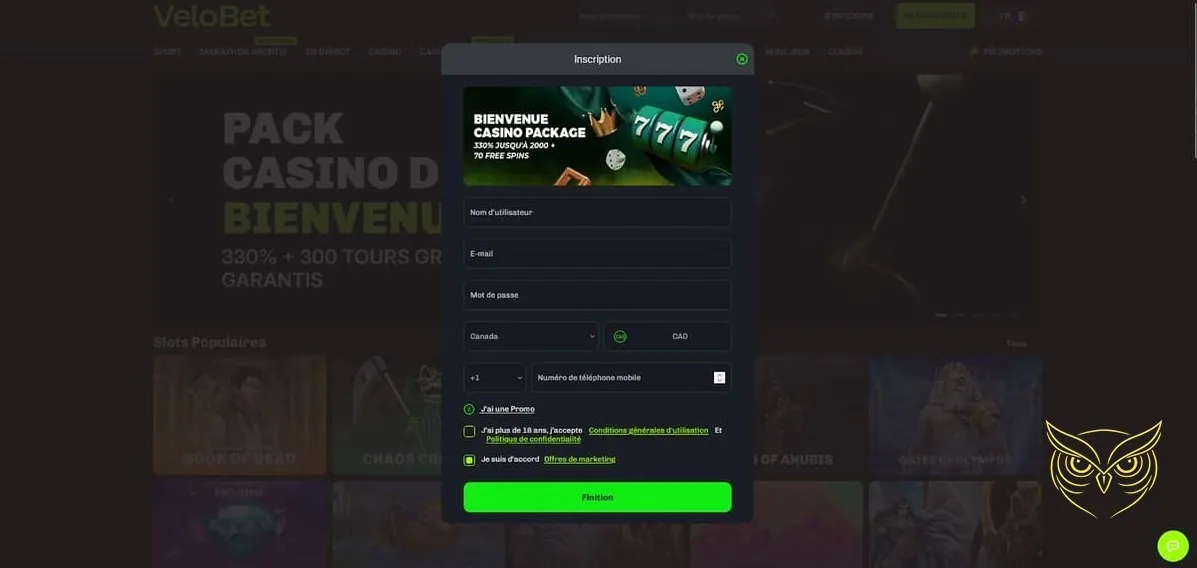 Bannière du bonus de dépôt crypto Velobet Casino.