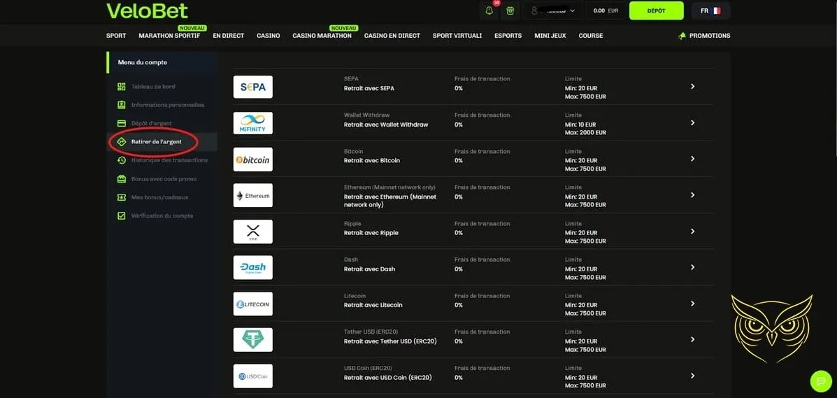 Icône de la section Retrait de gains Velobet Casino.