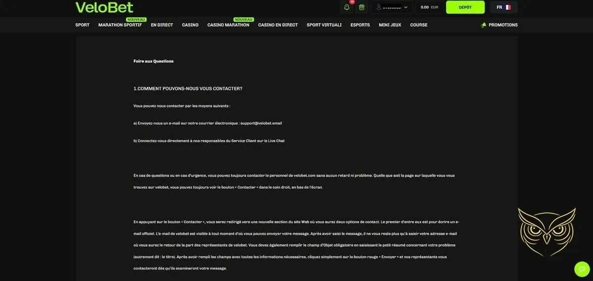 Icône de contact pour le support client Velobet Casino.