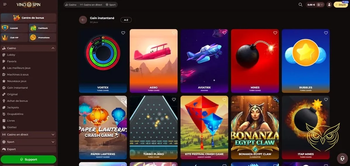 Capture d'écran du centre bonus Vincispin Casino.