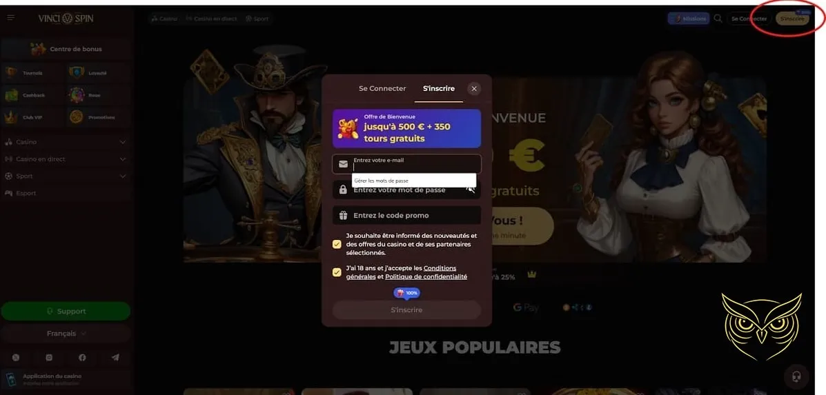 Section des jeux de loteries Vincispin Casino.