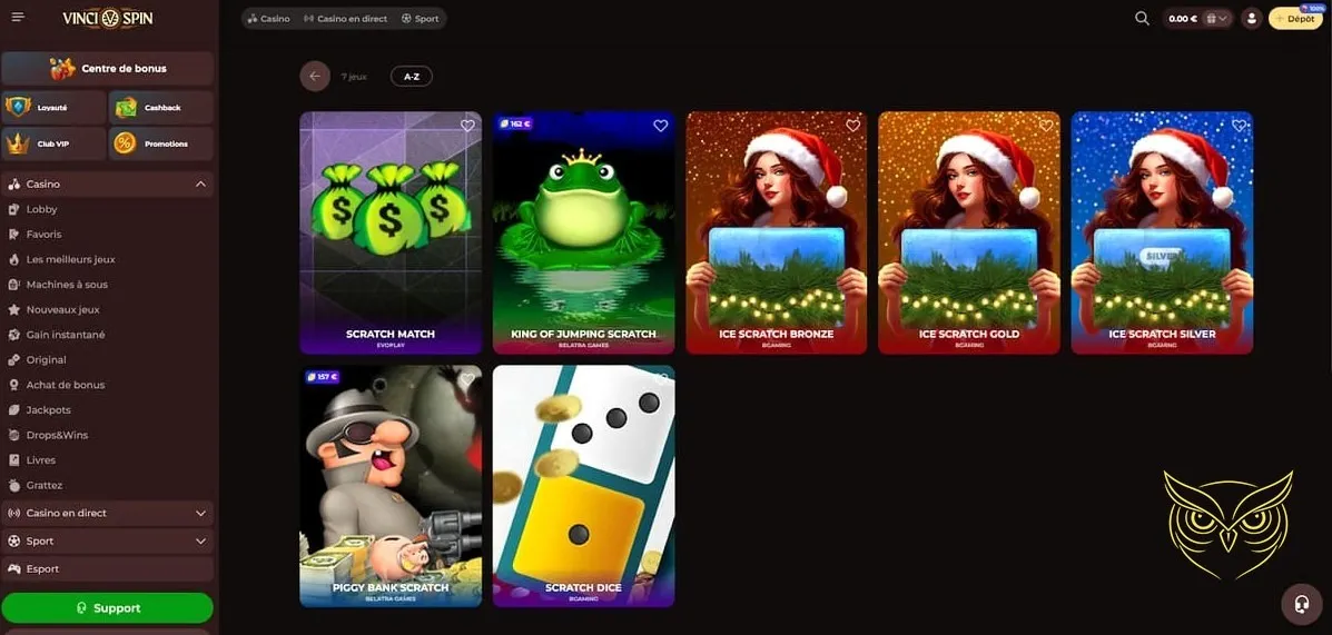 Section des jeux à gain instantané Vincispin Casino.