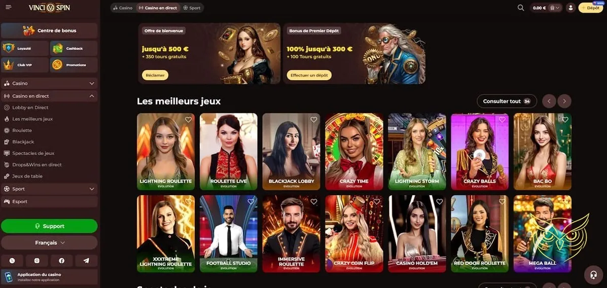Interface de paris sportifs Vincispin Casino.
