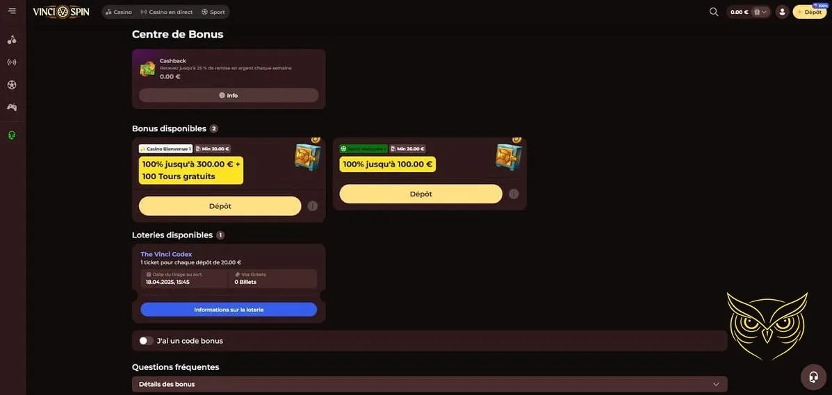 Interface de paris eSports sur Vincispin Casino.