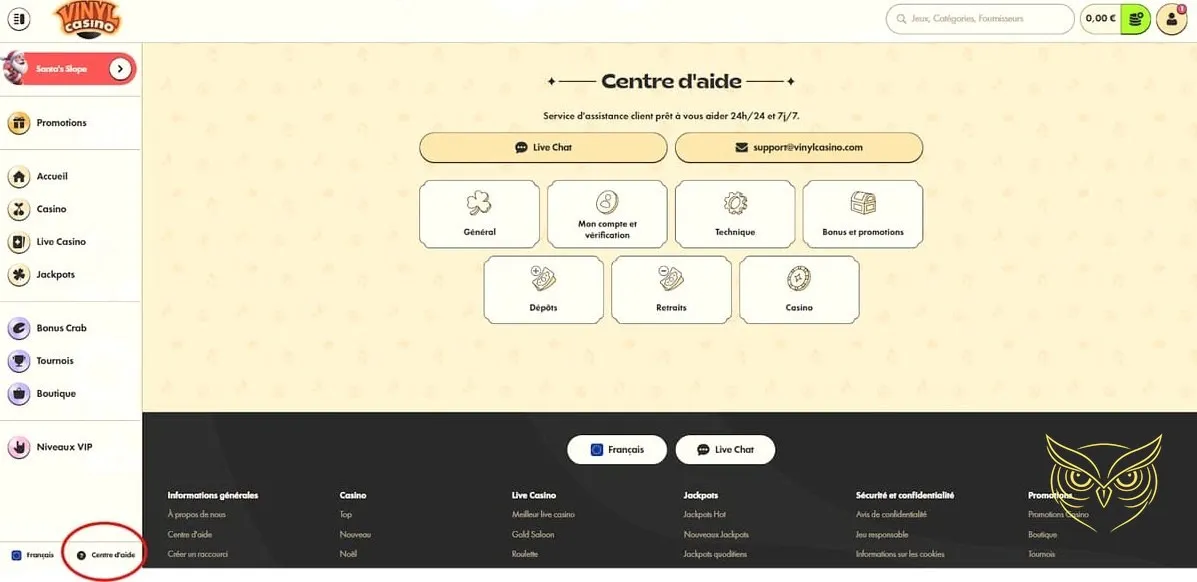 Interface du casino en direct Vinyl Casino
