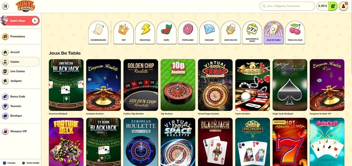 Liste des tournois disponibles chez Vinyl Casino