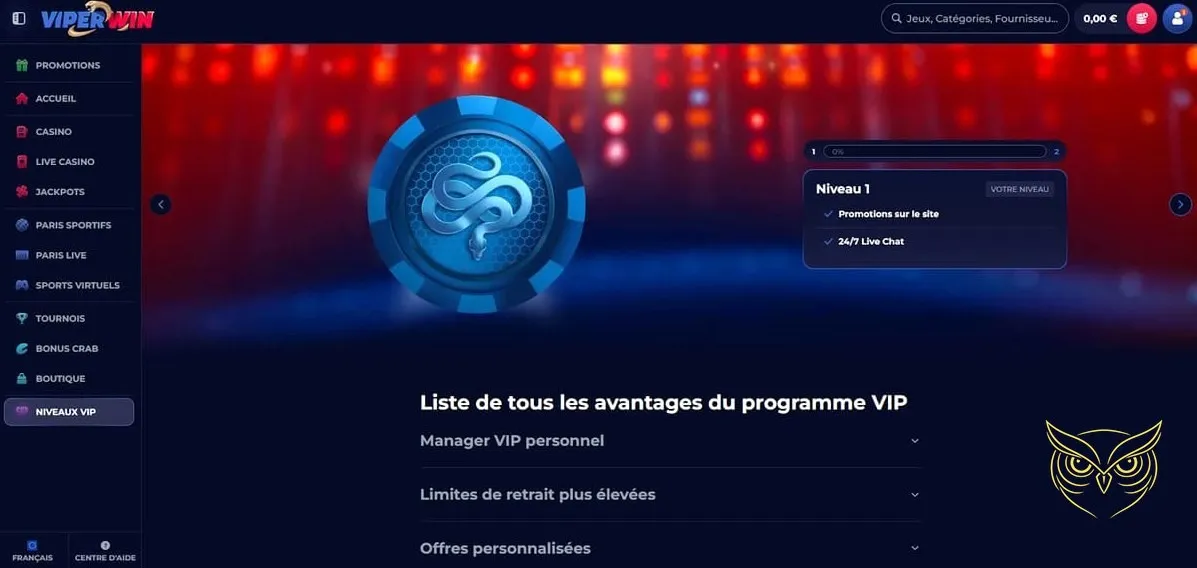 Page de la boutique du casino ViperWin.