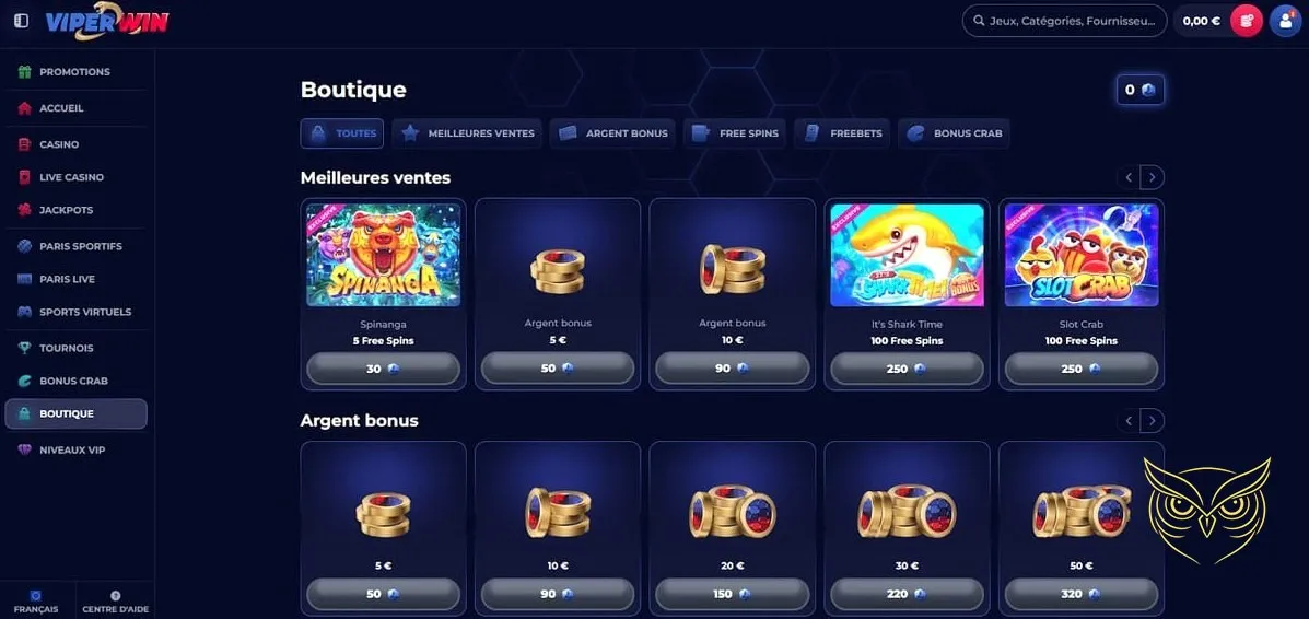 Interface de paris sportifs sur ViperWin Casino.