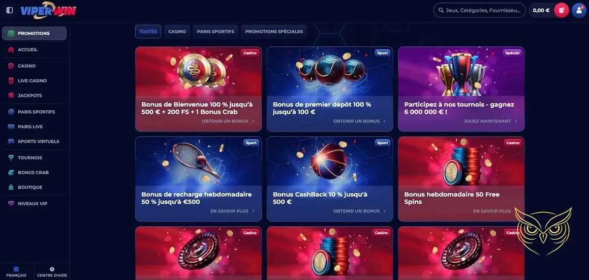 Interface de paris sportifs en direct ViperWin Casino.