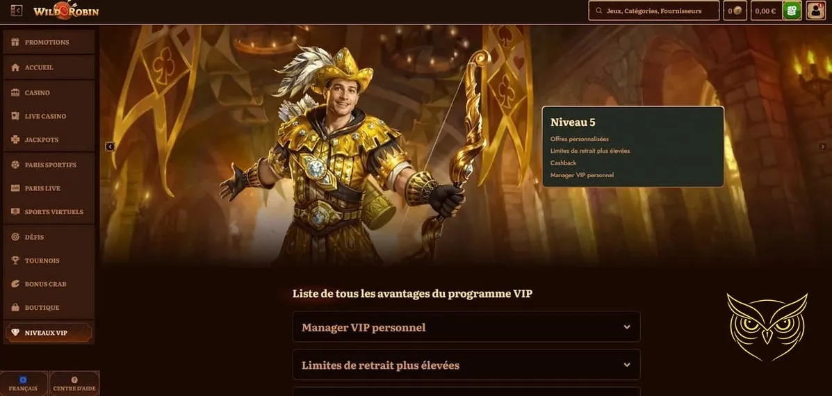 Page de dépôt des fonds WildRobin Casino