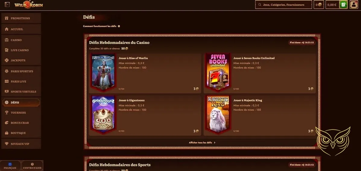 Interface des paris sportifs WildRobin Casino