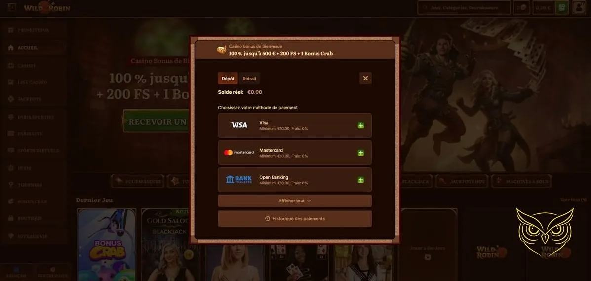 Section des paris sportifs en direct WildRobin Casino