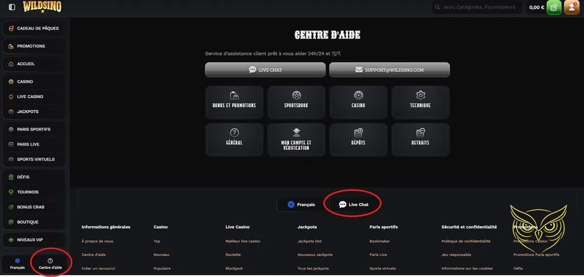 Page des paris sportifs Wildsino Casino