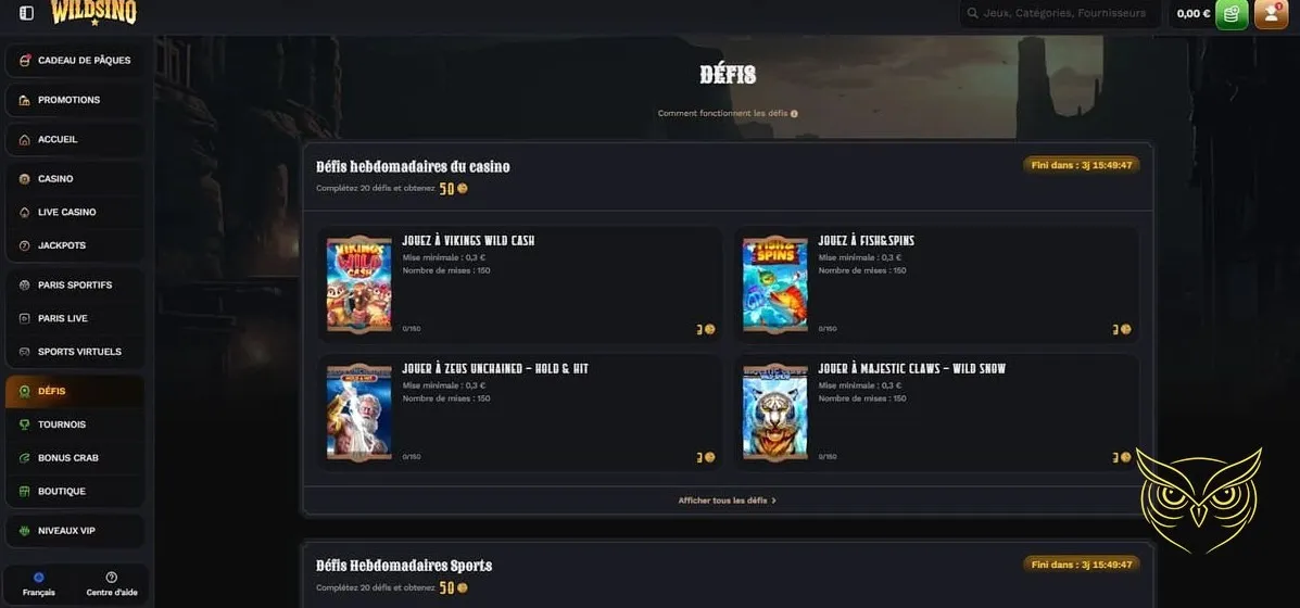 Interface des paris sportifs en direct Wildsino