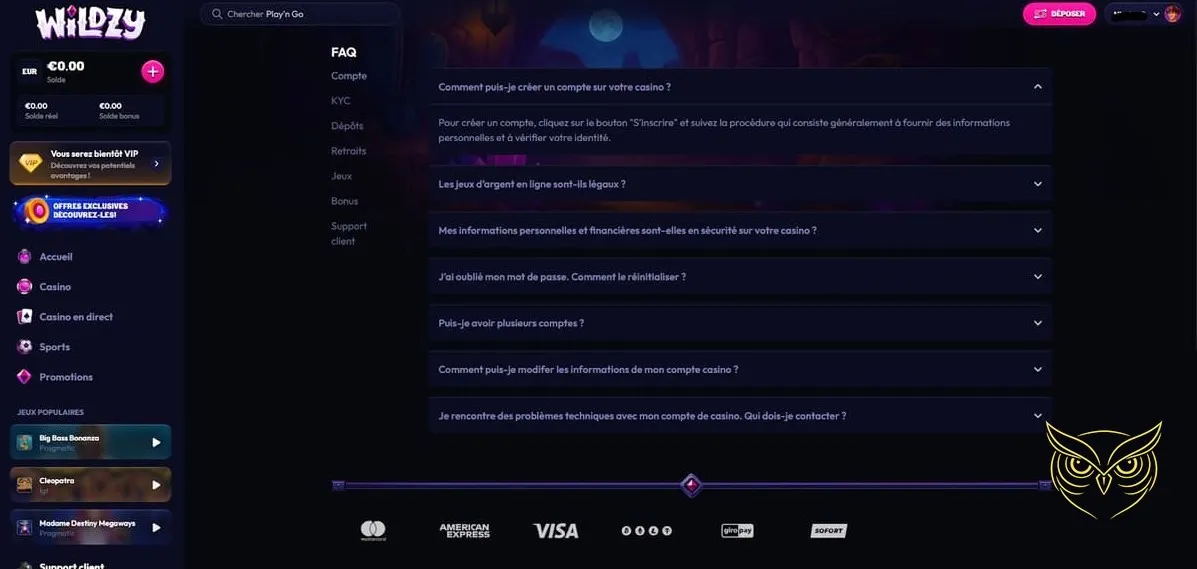 Bouton ou page Nous Contacter Wildzy Casino