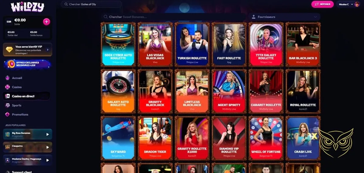 Interface des paris sportifs Wildzy Casino