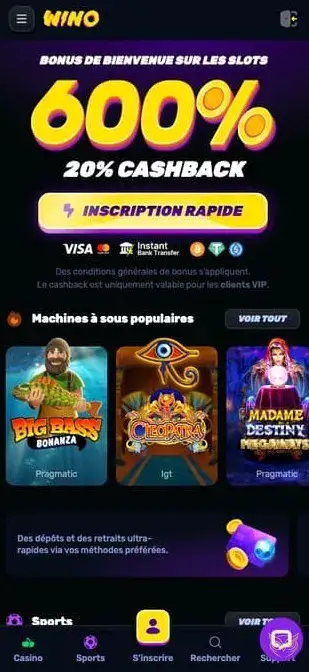 Capture d'écran de l'application mobile Wino Casino