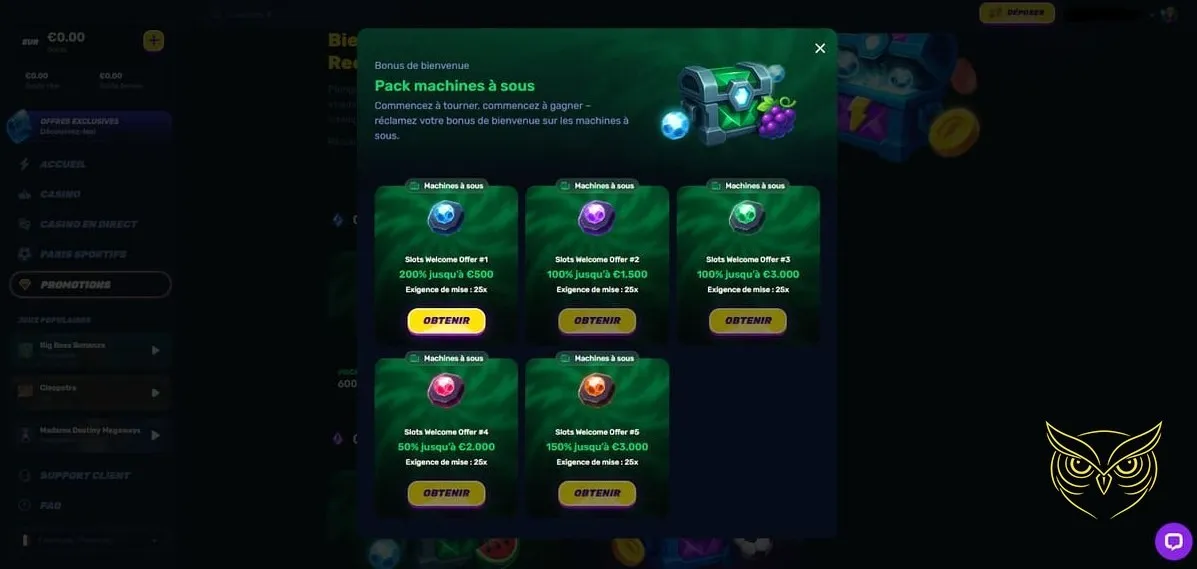 Page d'accueil de la section casino Wino