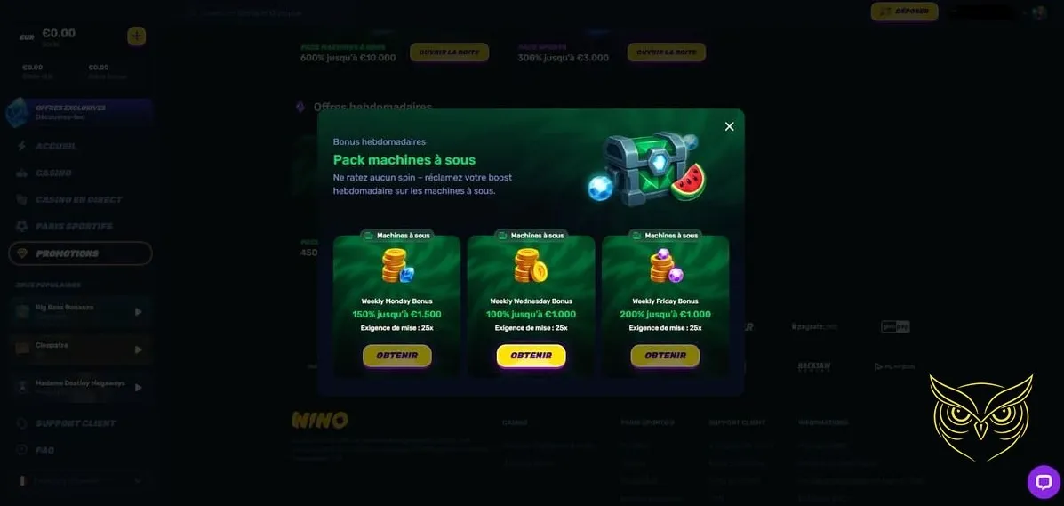 Section des jeux de casino en direct Wino