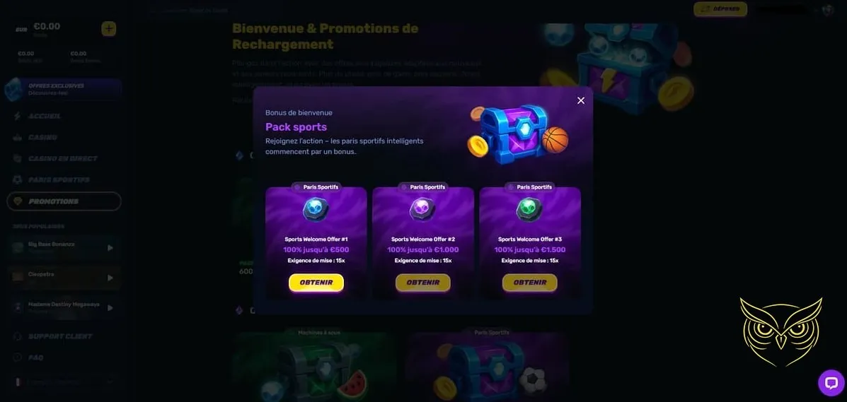 Interface des paris sportifs Wino Casino