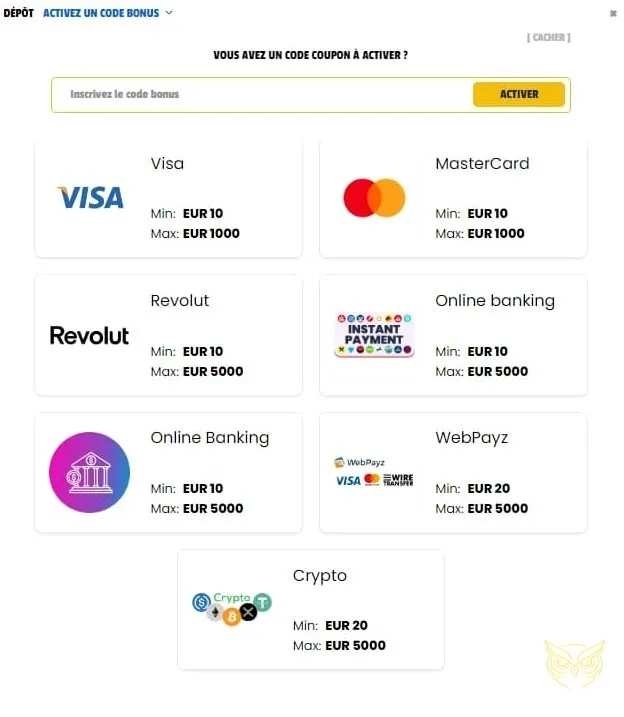 Page des bonus offerts WinOlot Casino