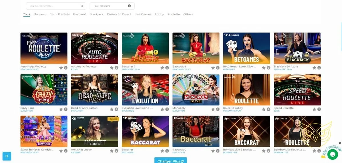 Section des jeux live Wolfy Casino.