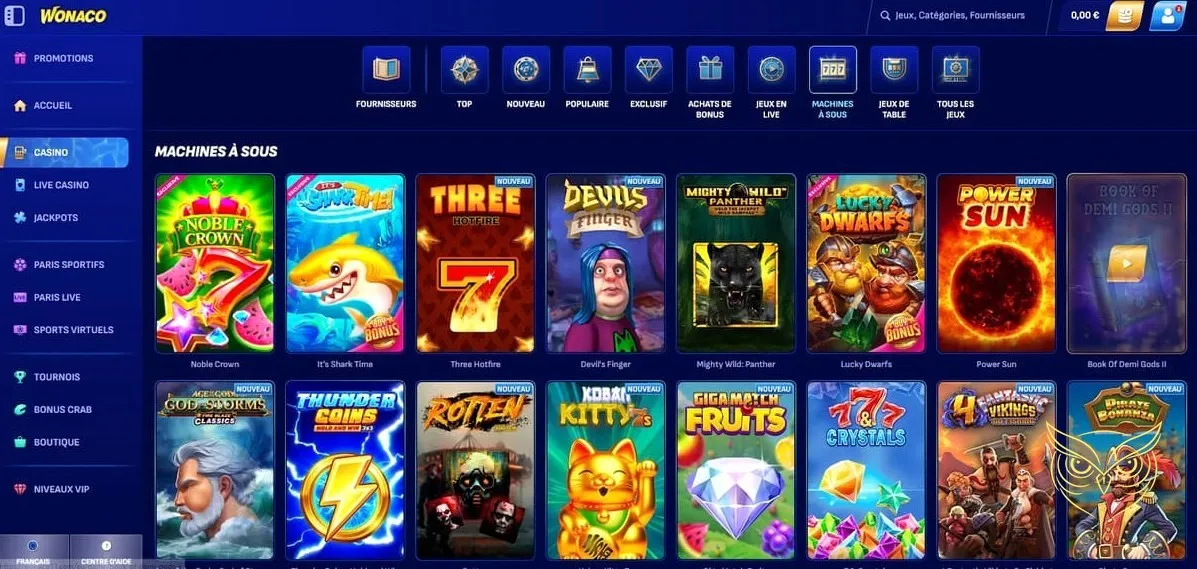 Interface des tournois de casino Wonaco Casino.