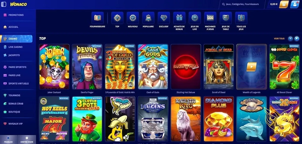 Page pour déposer des fonds Wonaco Casino.