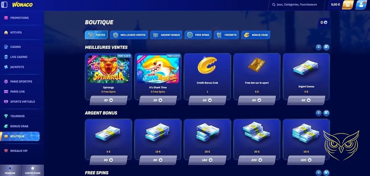 Capture d'écran des jackpots Wonaco Casino.