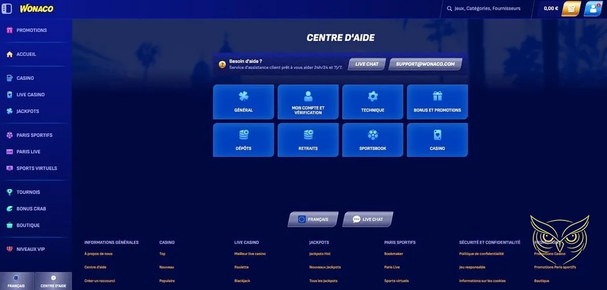 Interface des paris sportifs Wonaco Casino.