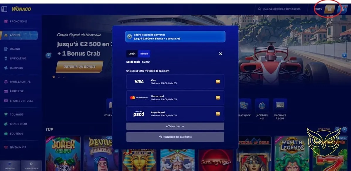Interface des paris sportifs en direct Wonaco Casino.