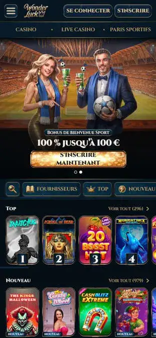 Capture d'écran de l'application WonderLuck Casino.