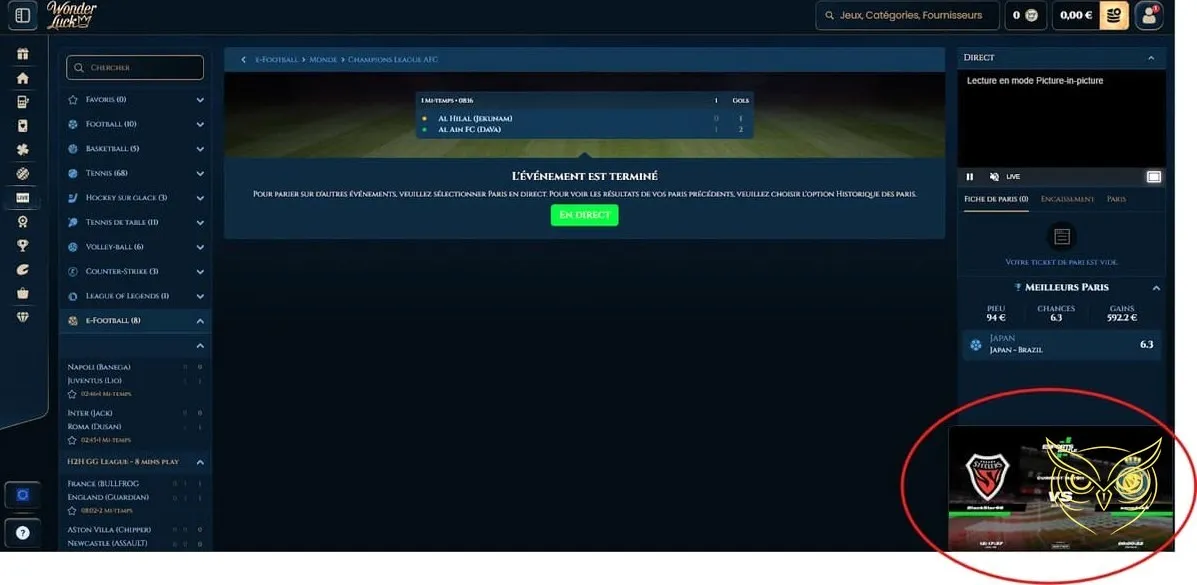 Interface des tournois de casino WonderLuck Casino.