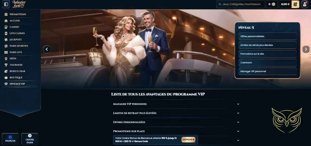 Capture d'écran de la boutique WonderLuck Casino.