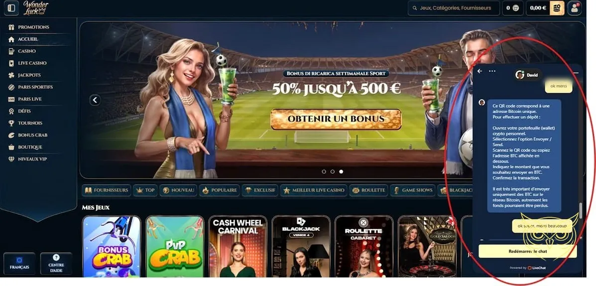 Page de dépôt des fonds WonderLuck Casino.