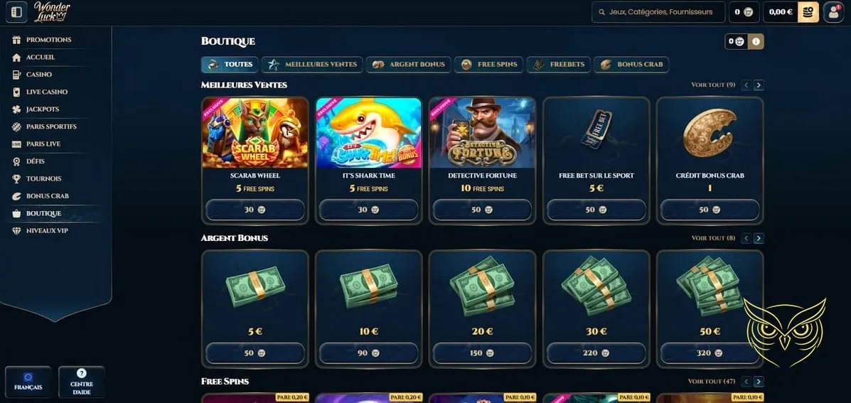 Interface des paris sportifs WonderLuck Casino.