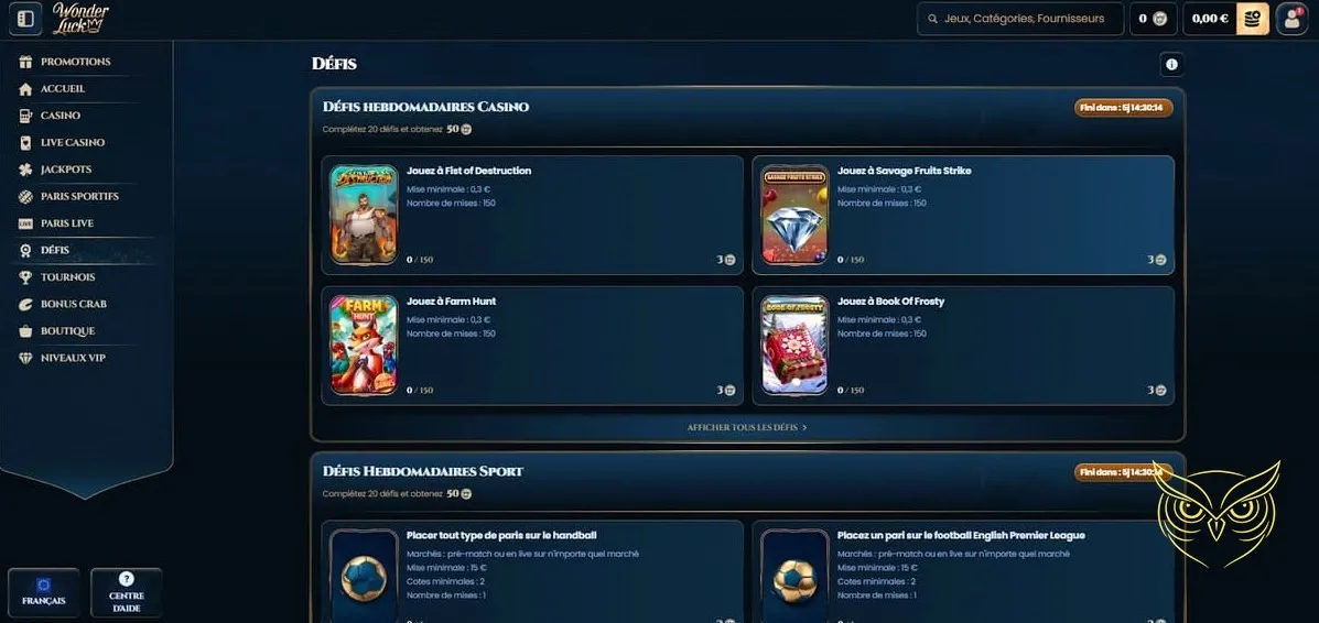 Interface des paris en direct WonderLuck Casino.