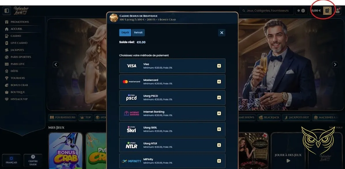 Offre de bonus de bienvenue WonderLuck Casino.