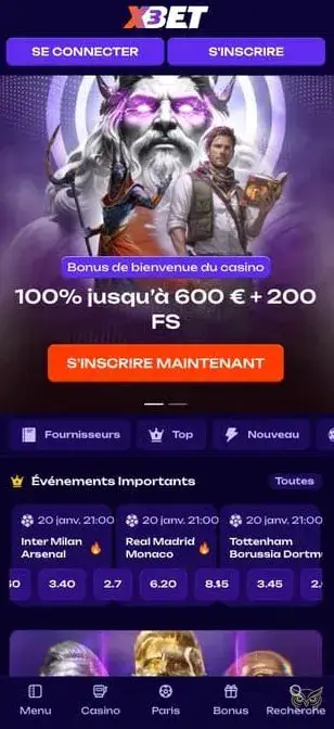 Interface de l'application mobile X3bet Casino.
