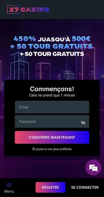 Interface de l'application mobile X7 Casino.