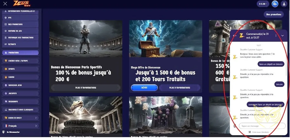 Icône du service client ZeusWin Casino