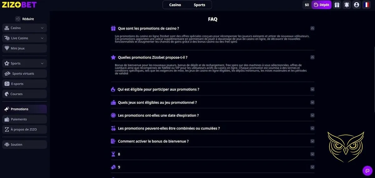 Bouton d'inscription au casino Zizobet